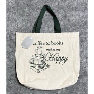 COFFEE & BOOKS Makes Me Happy Cotton Canvas Reusable Tote Bag Multi Embroidered